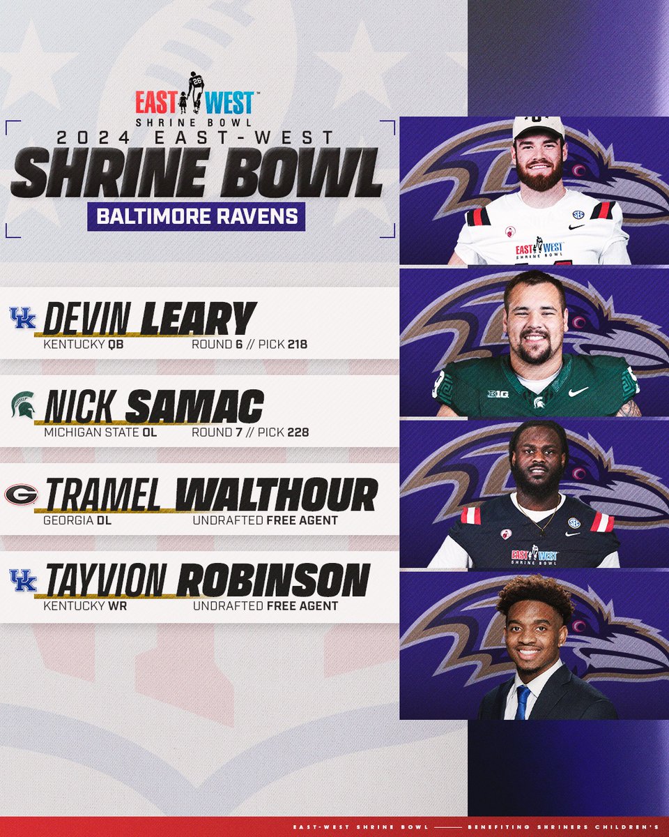 From the #ShrineBowl to the @Ravens! 💫 Devin Leary (@DevinLeary1) 💫 Nick Samac (@nickysamac) 💫 Tramel Walthour (@walthour_tramel) 💫 Tayvion Robinson (@RobinsonTayvion) #ShrineBowlWHOSNEXT | #RavensFlock