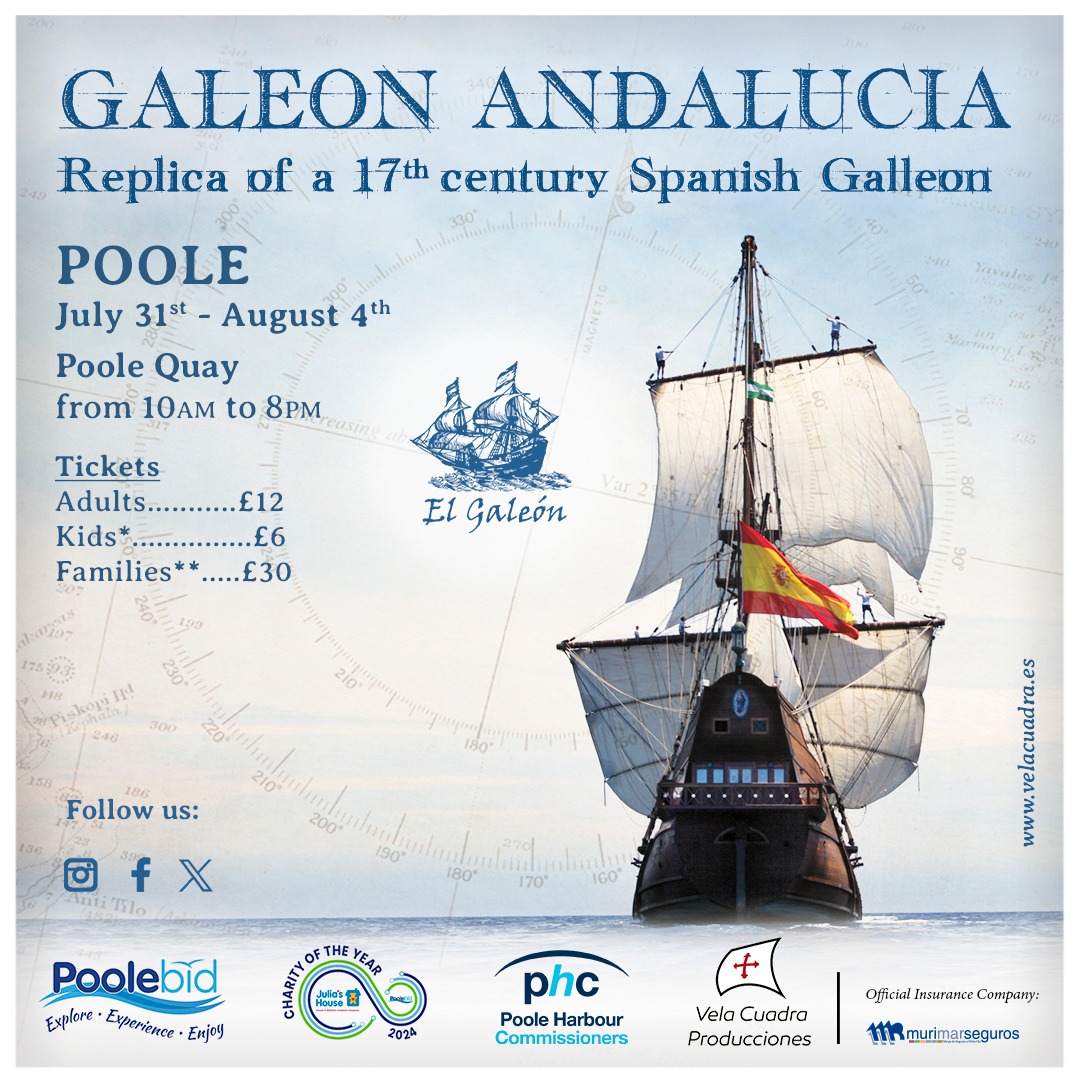 The magnificent tallship ‘Galeon Andalucia' is coming to Poole from 31st July to 4th August and tickets are now on sale! ⚓️

➡️ letsgoout-bournemouthandpoole.co.uk/whats-on/histo…

#poole #dorset #dorsetevents #pooleevents #daysout #visitdorset #visitpoole #lovepoole #pooleharbour #tallship