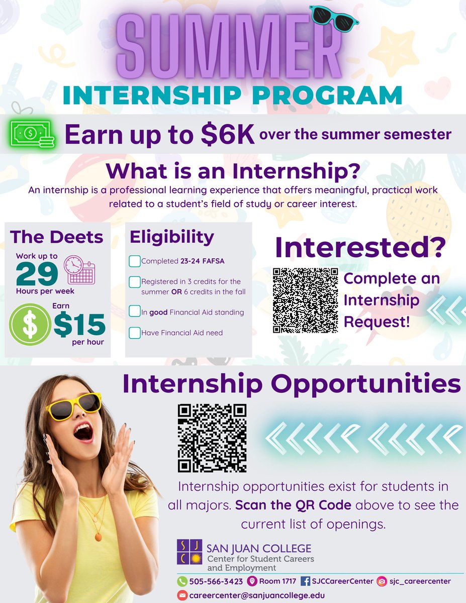 Kickstart your career this summer! Our Internship Program offers real-world experience in a supportive learning environment. Join us to expand your skills and your horizon. Applications are open now! #SanJuanCollege #SuccessMatters