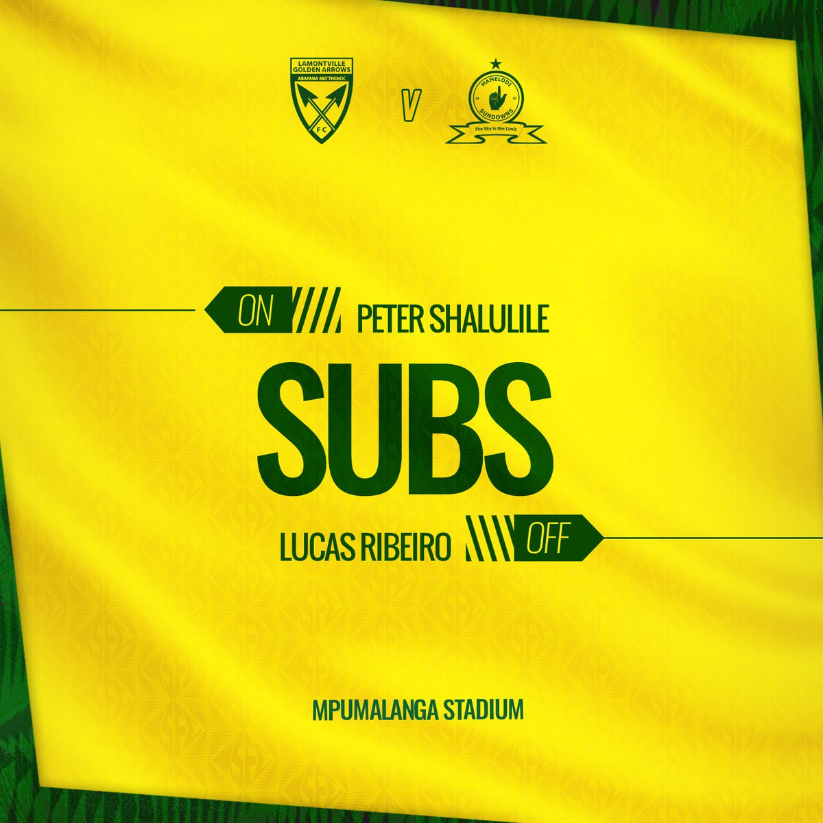 28' Subs 🚫 Lucas Ribeiro

✅ Peter Shalulile

#Sundowns #DownsLive #DStvPrem