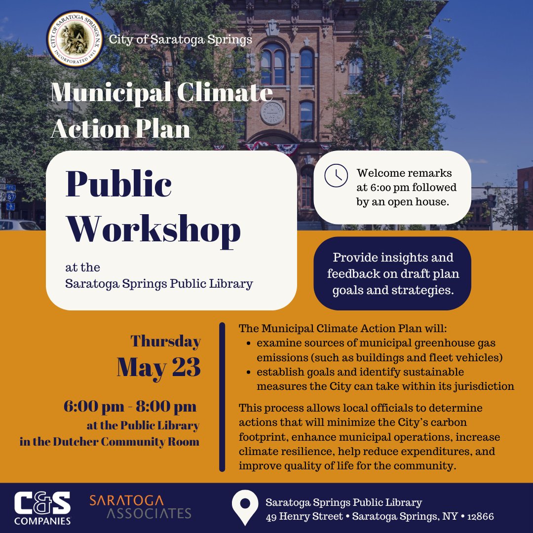 Save the Date! Attend the Municipal Climate Action Plan Public Workshop here at #SSPL on Thursday, May 23rd. #SaratogaSprings #SaratogaLibrary #CityofSaratogaSprings
For more information, visit: saratoga-springs.org/DocumentCenter…
saratoga-springs.org/2413/Climate-S…