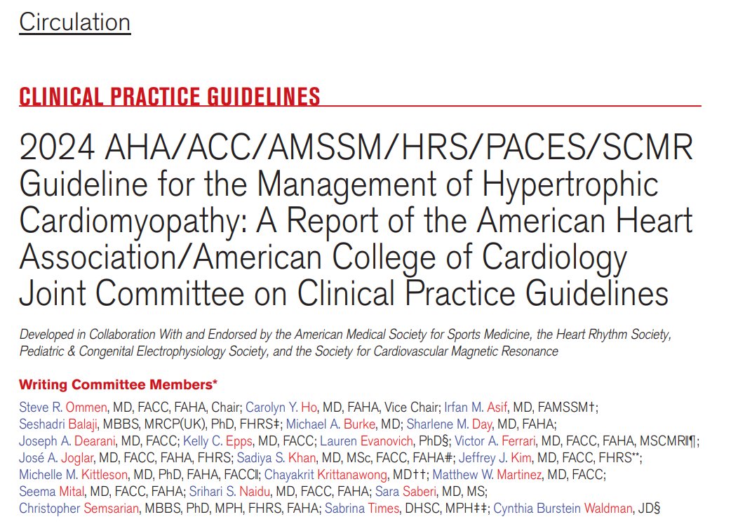 1/ Now available: 2024 Guideline for the Management of Hypertrophic Cardiomyopathy This guideline updates the 2020 HCM Guideline with several revised and new recommendations for the diagnosis and treatment of HCM. ✍🏼 @SteveOmmen 📖 @CircAHA