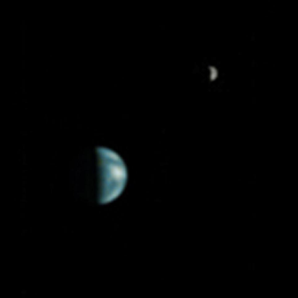 Earth and the Moon as seen from Mars! @NASA's Mars Global Surveyor captured this mesmerizing view of our planet and our Moon #OTD in 2003. See the science highlights from the spacecraft's 20-year mission! go.nasa.gov/44xQgTJ