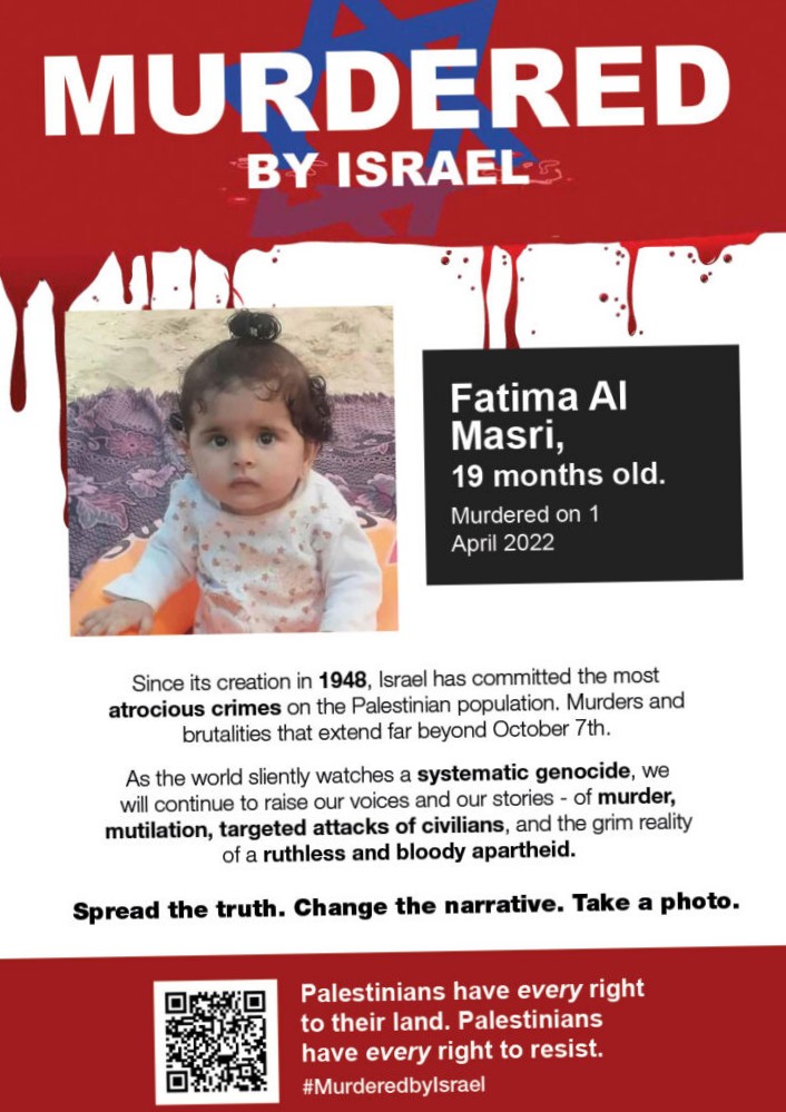 Fatima Al Masri, 19 months old.

Murdered on 1 April 2022

As the world silently watches a systematic Genocide 
It not started on october7 

#MurderedByIsrael #GazaGenocide