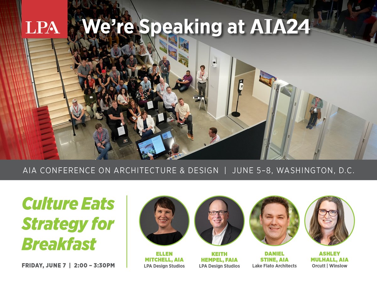 A firm's culture can make or break any attempt to change, grow, and evolve. This summer at the @AIANational #AIA24 Conference LPA, @LakeFlato and @orcuttwinslow will present a session aimed at helping firms infuse sustainability into everything they do. conferenceonarchitecture.com/schedule/#post…