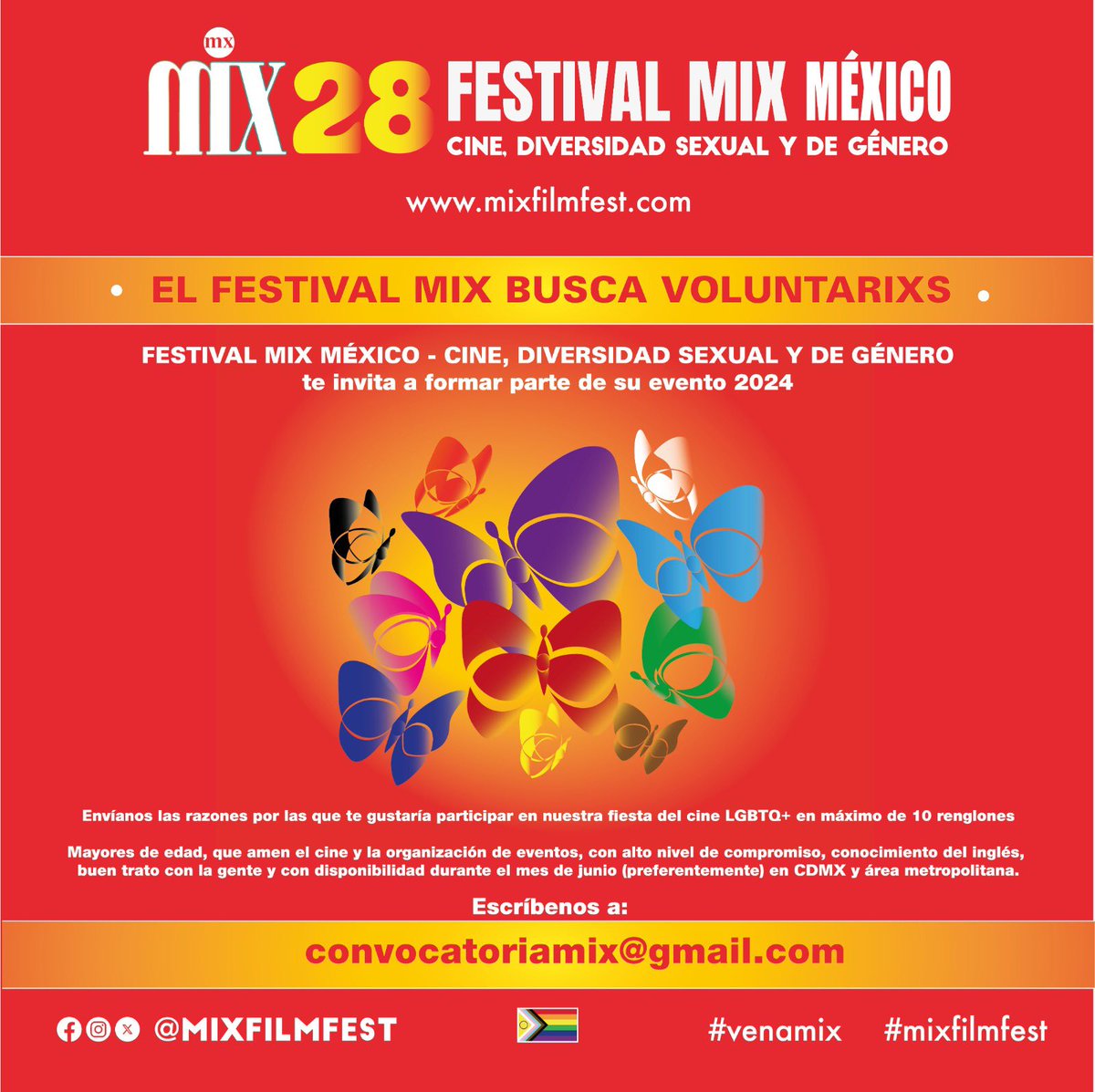 Festival Mix Mexico busca Voluntarixs! Escríbenos a convocatoriamix@gmail.com! Envíanos las razones por las q te gustaría participar en nuestra fiesta del cine LGBTQ+ en máximo 10 renglones
