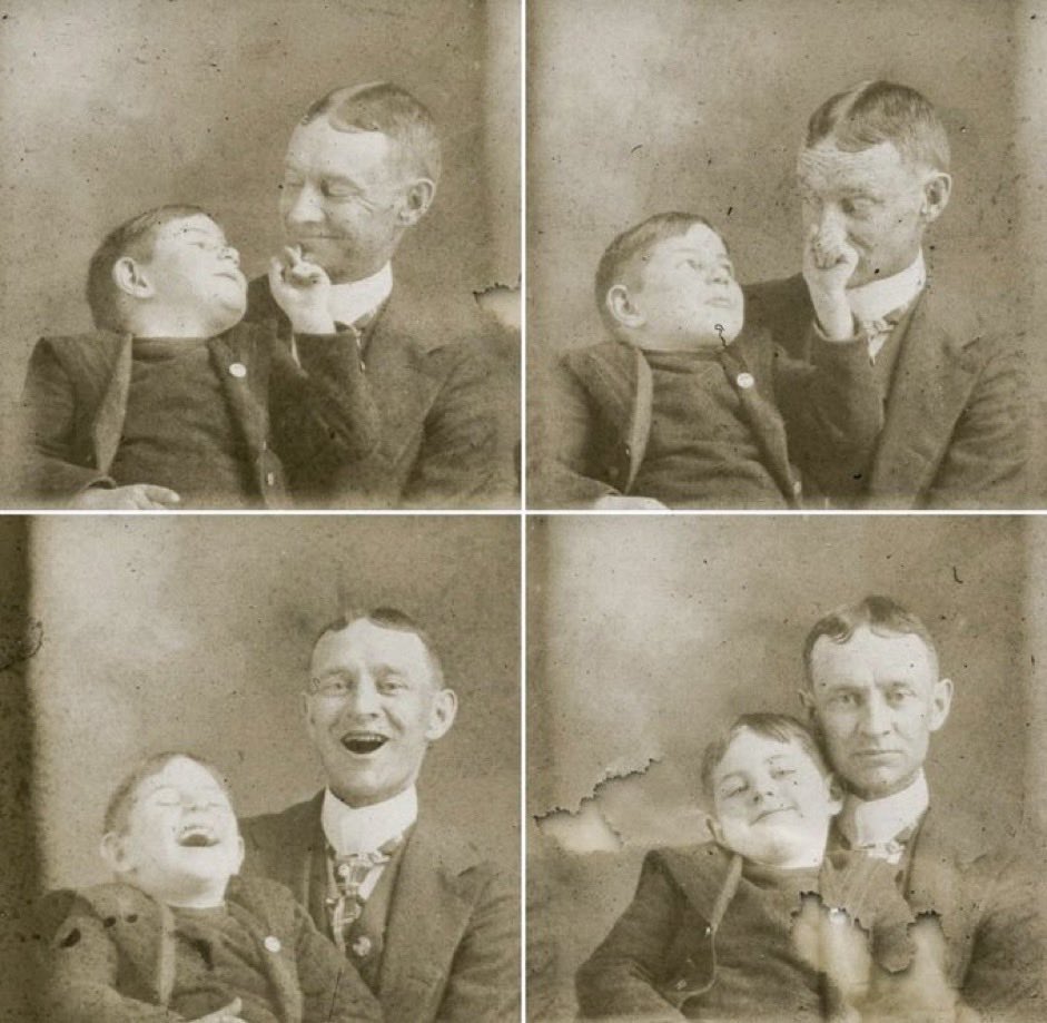 A father and son fooling around while getting their pictures taken, 1910