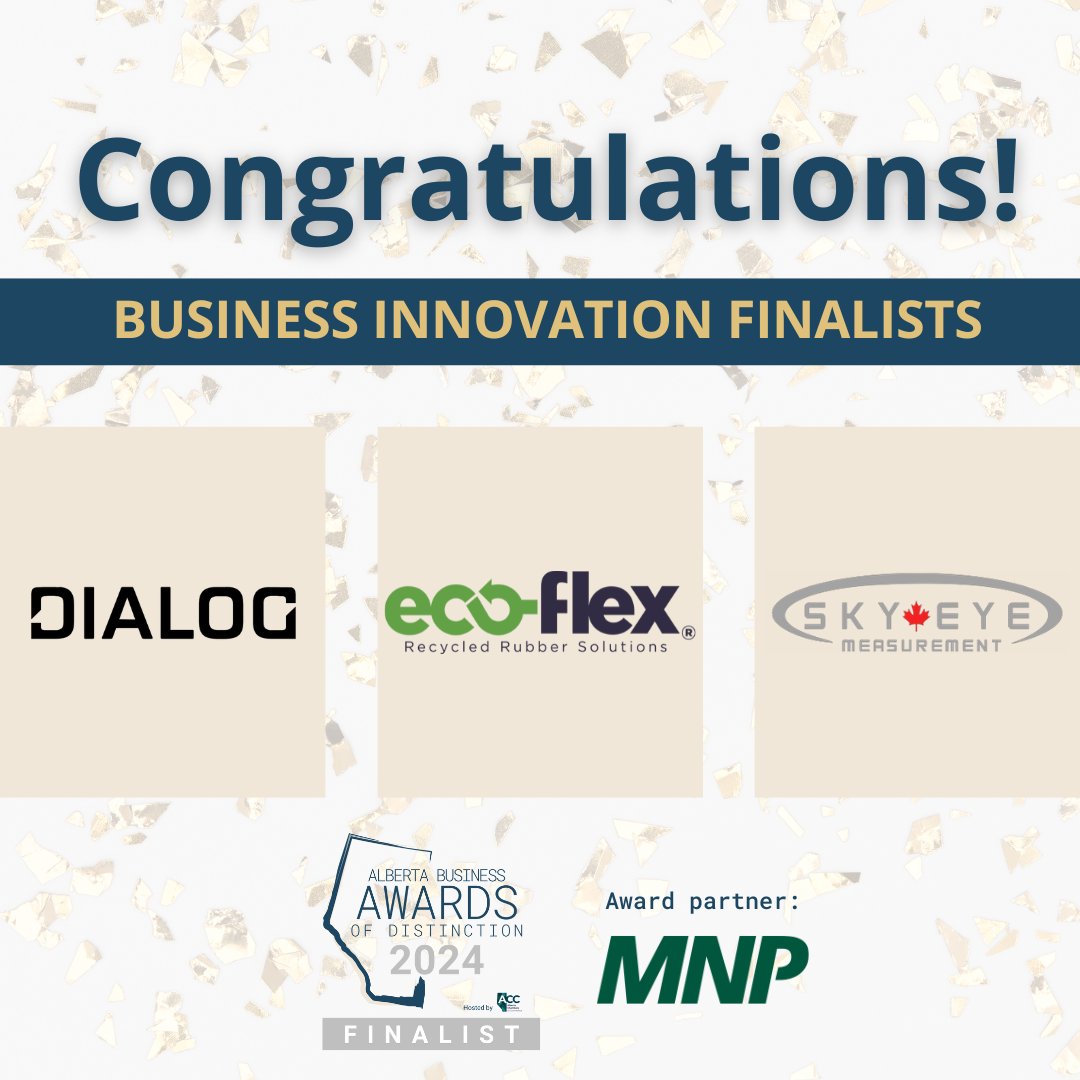 🎉 Congratulations to our Business Innovation Award finalists - @DIALOG, Eco-Flex Recycled Rubber Solutions, and Sky Eye Measurement Inc.🌟 

Join us at our Awards Gala on June 20th! 
abbusinessawards.com/tickets-and-re… 

#BusinessAwards #abbiz #abad#abbizawards #ABChambers #ACCABAD2024