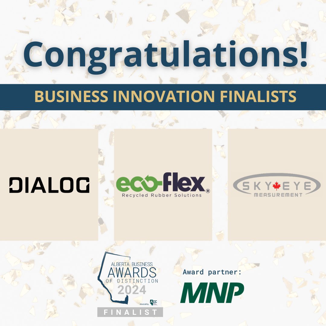 Alberta Business Awards of Distinction (@abbizawards) on Twitter photo 🎉 Congratulations to our Business Innovation Award finalists - <a href="/DIALOG/">DIALOG</a>, Eco-Flex Recycled Rubber Solutions, and Sky Eye Measurement Inc.🌟 
Join us at our Awards Gala on June 20th! 
abbusinessawards.com/tickets-and-re… 
#BusinessAwards #abbiz #abad#abbizawards #ABChambers #ACCABAD2024 🎉 Congratulations to our Business Innovation Award finalists - <a href="/DIALOG/">DIALOG</a>, Eco-Flex Recycled Rubber Solutions, and Sky Eye Measurement Inc.🌟 
Join us at our Awards Gala on June 20th! 
abbusinessawards.com/tickets-and-re… 
#BusinessAwards #abbiz #abad#abbizawards #ABChambers #ACCABAD2024