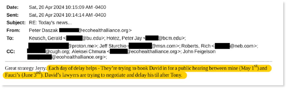 “Each day of delay helps.' This was a tactic endorsed by EcoHealth Alliance President Dr. Peter Daszak and employed by Dr. Morens and his team in an effort to postpone Dr. Morens's public testimony until after Dr. Fauci's public hearing. See NEW email evidence👇