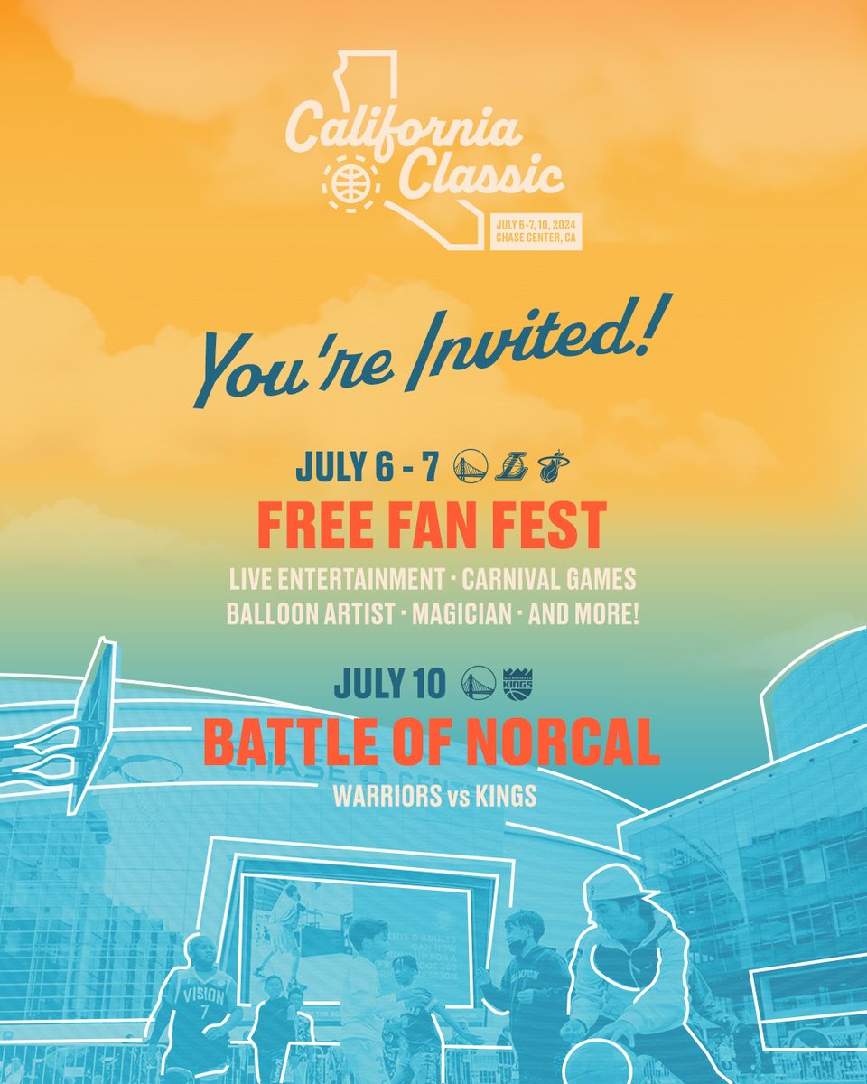California Classic is coming back to Chase Center 🏀 Hangout with us July 6 + 7 for some hoops, live entertainment and more starting at 1 PM. Then, come see the Battle of Norcal as the @warriors take on the Kings July 10 at 7 PM! Register » bit.ly/4b8hPW5