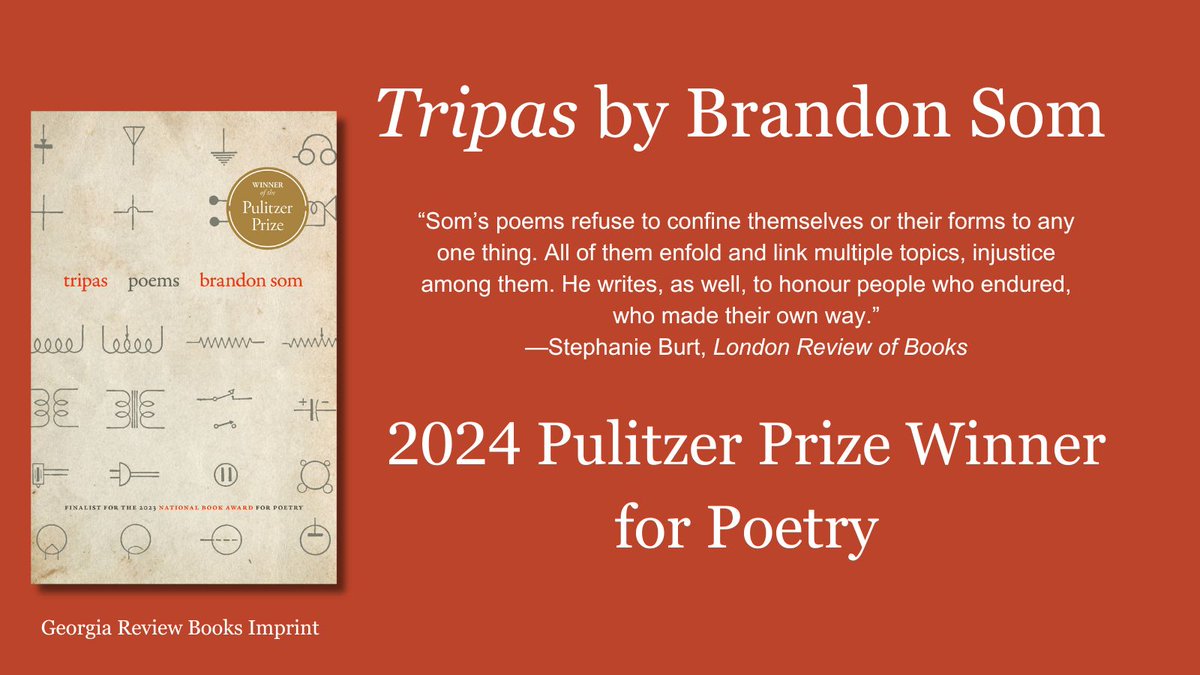Tripas by Brandon Som Wins the Pulitzer Prize for Poetry ugapress.wordpress.com/2024/05/08/tri… #BrandonSom #PulitzerPrize #Tripas #Poetry