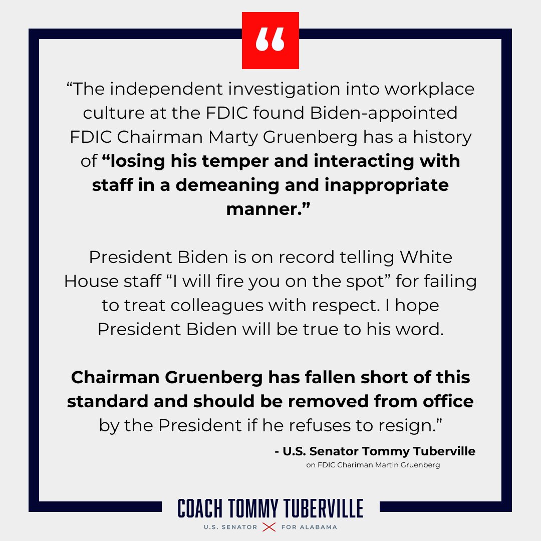 FDIC Chairman Marty Gruenberg deserves to be fired @WhiteHouse.

@JoeBiden, honor your commitment to remove appointees who disrespect others by sending Marty packing.

My full statement below: