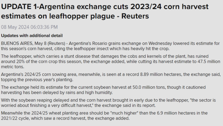 🇦🇷Rosario grains exchange cuts #Argentina's #corn harvest to 47.5 mmt from 50.5 mmt a month ago on leafhopper damage. Rosario had previously pegged the crop at 57 mmt.