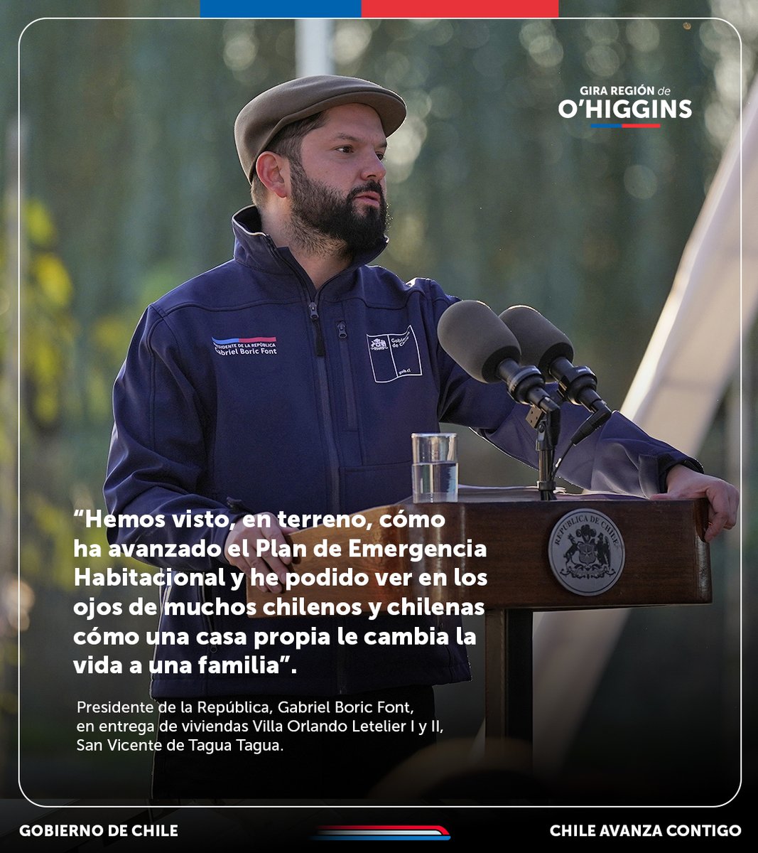 ¡Chile avanza en el #PlanEmergenciaHabitacional! 🏡 Hoy, el Presidente @GabrielBoric, junto al ministro @carlosmontestwt, participó de la entrega de 250 viviendas del proyecto habitacional Orlando Letelier que beneficia a familias de la comuna de San Vicente de Tagua Tagua.