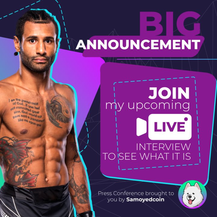 I have a big announcement 👀 Tune in at 4pm EST on tomorrow to join my live press conference on @millionsdotco brought to you by @samoyedcoin to check out what it is! Link In Bio to tune in! #pressconference #mma #25k 🐶 $SAMO