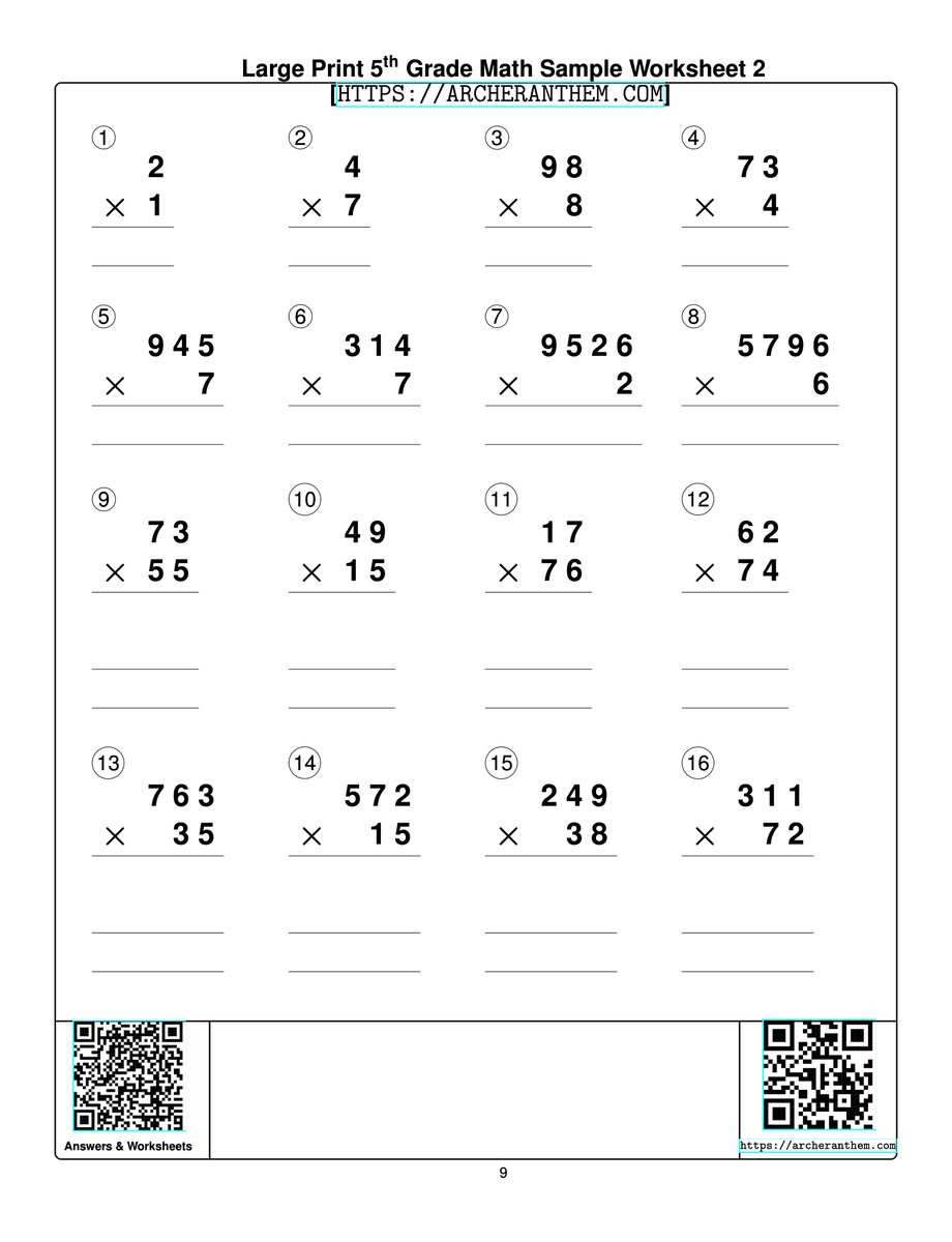Large Print 5th Grade Math Multiplications Printable Worksheet 2. Designed for Children with Low Vision, but Helpful for All Children. Scan QR Code for Answers and More Sample Worksheets. Buy the workbook here:archeranthem.com/workbooks/larg… #homeschool #math #largeprint #SightLoss