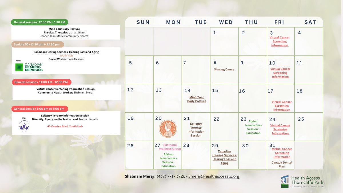 Health Access Thorncliffe Park has launched their programs calendar for May. Check out the details below. 👇 @fhc_chc