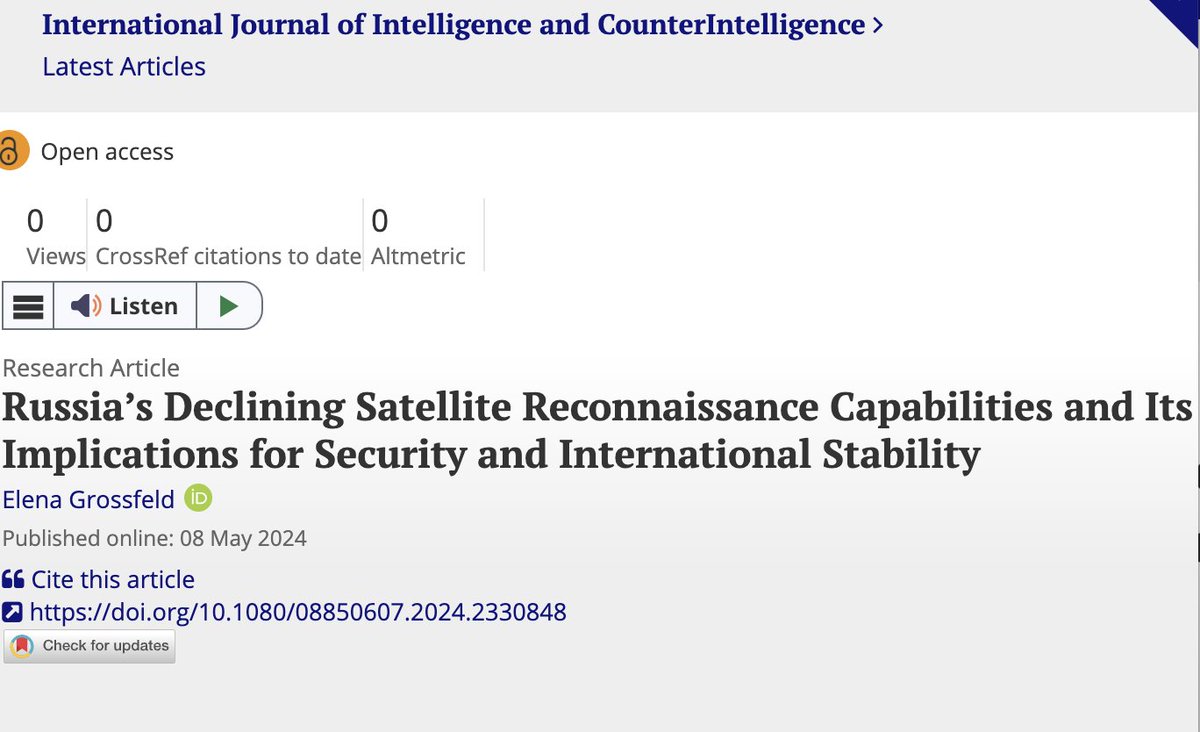 Excited to share my latest article: 'Russia’s Declining Satellite Reconnaissance Capabilities and Its Implications for Security and International Stability.' From intel failures in Ukraine to global security impact: @Intel_IJIC doi.org/10.1080/088506…