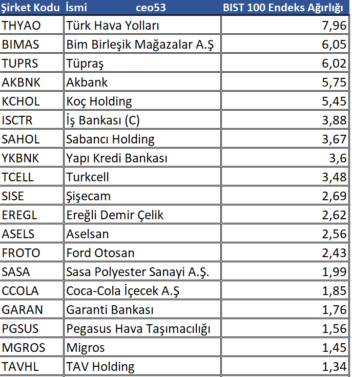 Bist100 Endeksinde olan hisselerin bist100 endeks ağırlığı