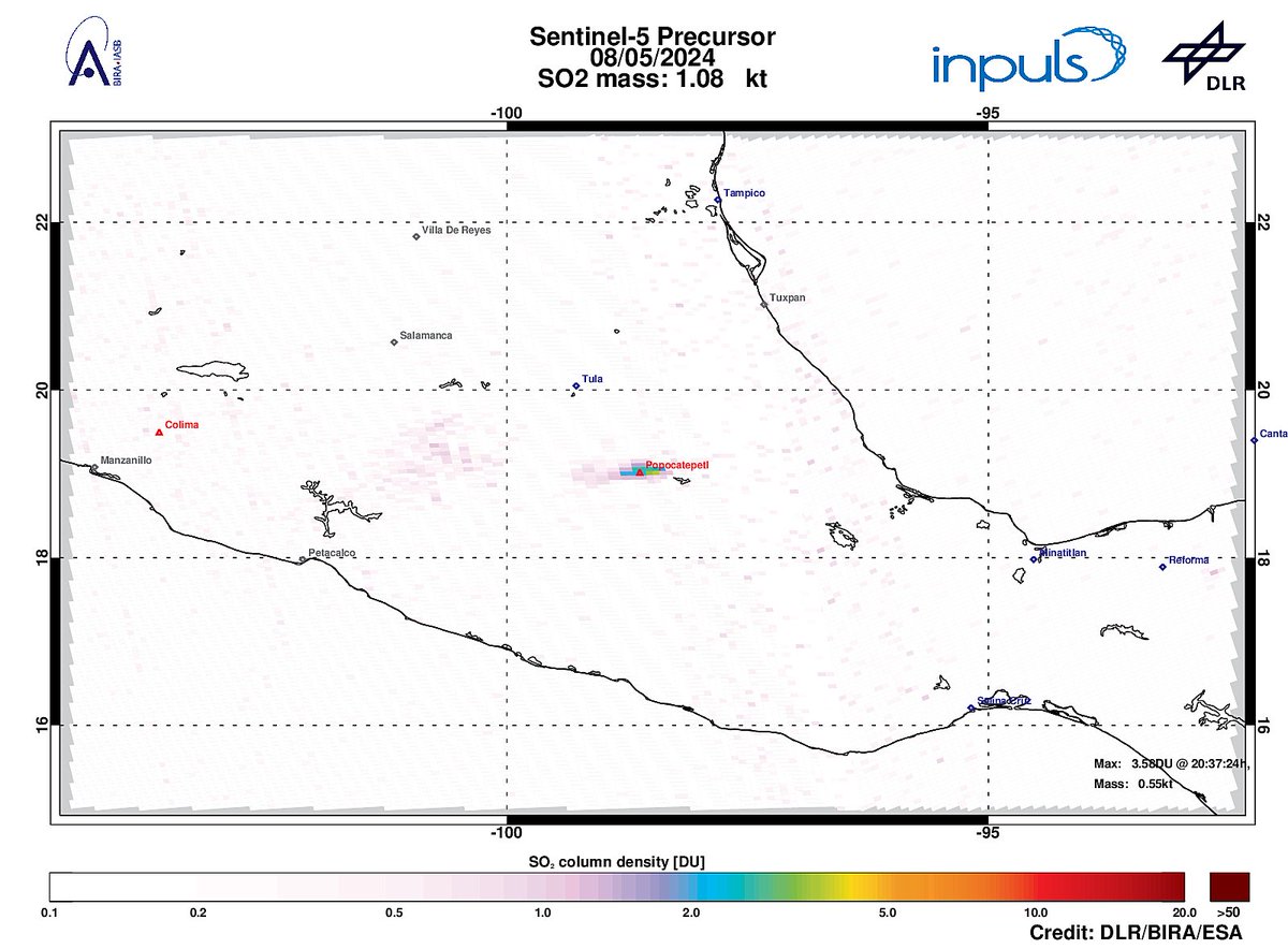 On 2024-05-08 #TROPOMI has detected an enhanced SO2 signal of 3.58DU at a distance of 17.9km to #Popocatepetl. #DLR_inpuls @tropomi #S5p #Sentinel5p @DLR_en @BIRA_IASB @ESA_EO #SO2LH