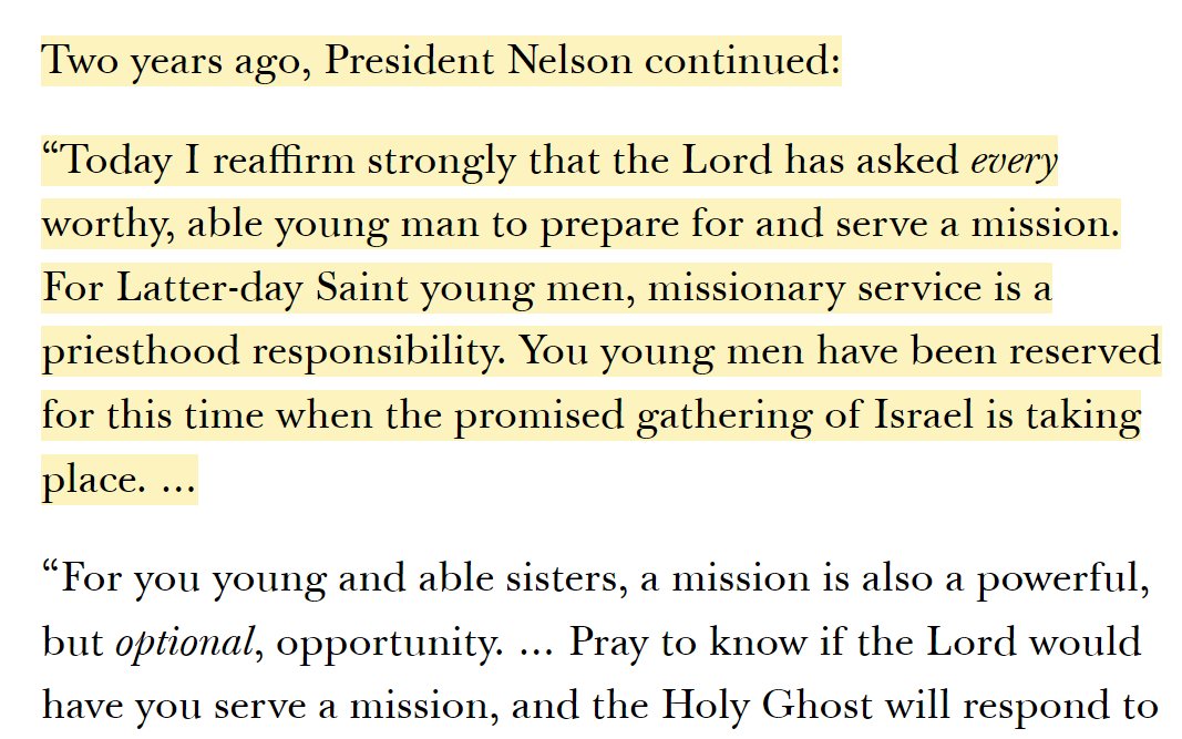 In the April 2024 GC, a top #LDS leader told young men they were 'foreordained to serve' @Ch_JesusChrist missions, which creates extraordinary personal, social, and religious pressure on youth to serve when they may not be emotionally or physically able to do so.