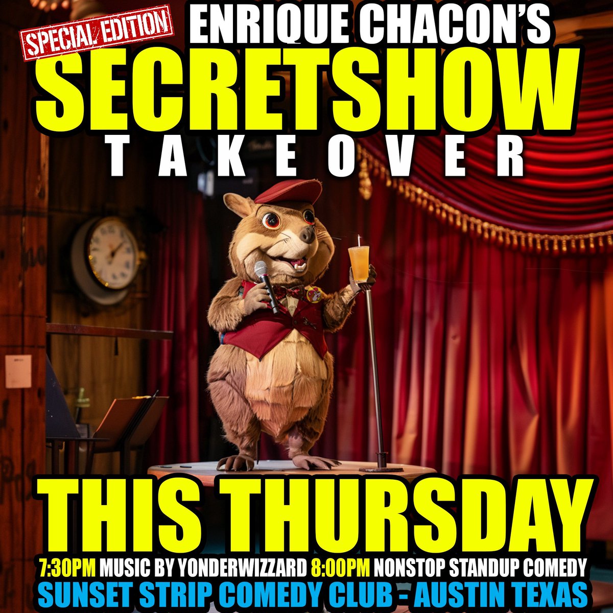 TOMORROW! A SPECIAL EDITION of #SECRETSHOW with the great @WhatChaconDO taking over the show this week with HUGE surprises! 8PM AT @SunseStripATX 

TIX- sunsetstripatx.com