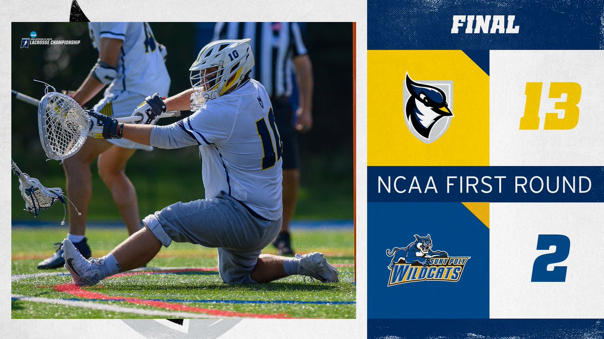 FIRST NCAA TOURNAMENT VICTORY @USJCT men's 🥍 took down @PolyWildcats, 13-2, in the NCAA First Round at home Wednesday afternoon! The Blue Jays advance to the second round, facing the No. 1 @SUSeaGulls on Saturday in Salisbury, Md. #d3lax | #FearTheFlock | #GoBlueJays🔵🐦