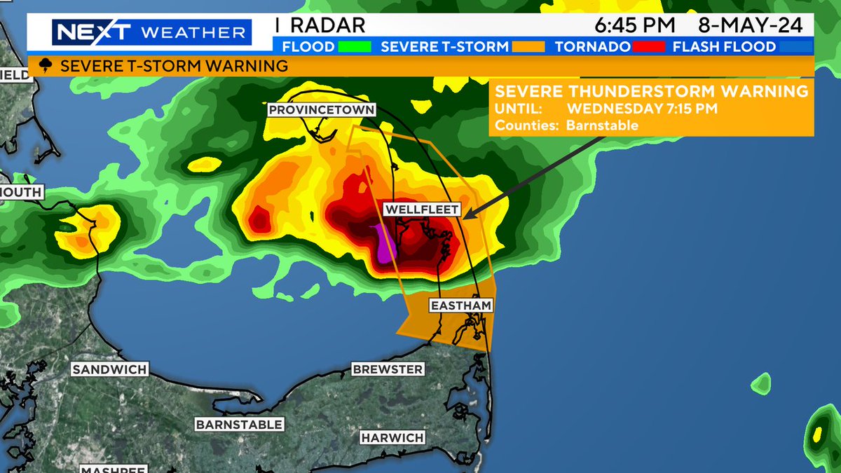 ⚠️ Severe Thunderstorm Warning for Barnstable County until May 08 7:15PM. Frequent lightning, hail, and strong wind are possible in these storms.