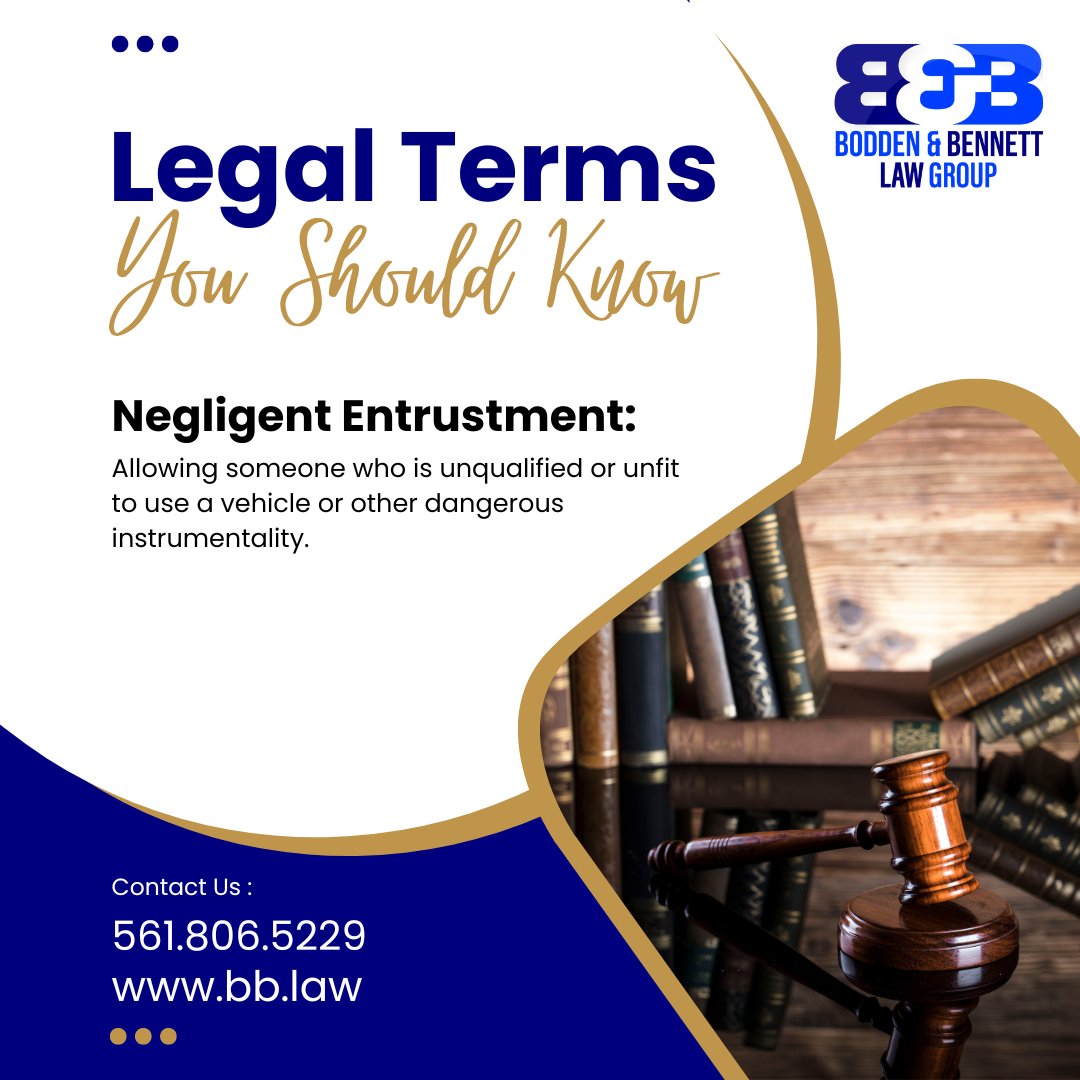 Negligent Entrustment: Allowing someone who is unqualified or unfit to use a vehicle or other dangerous instrumentality.

bb.law #BBLaw #legalterms #NegligentEntrustment #autoaccident #personalinjury #slipandfall #truckaccidents #motorcycleaccidents