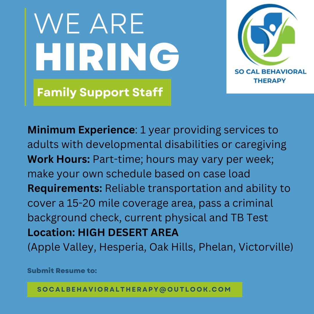 sctrainingteam's tweet image. We are seeking dedicated Family Support Staff specifically in Apple Valley, Hesperia, Oak Hills, &amp;amp; Victorville. Responsibilities include providing support to families, assisting with therapy sessions, and maintaining client records.