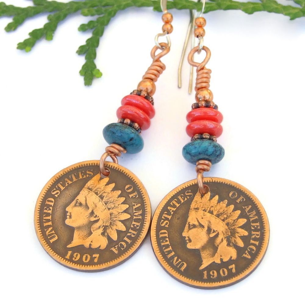 Antique Indian Head penny earrings w/ real turquoise & coral glass discs: great handmade jewelry gift for the coin collector!  via @ShadowDogDesign #EJWtt #ShopSmall #CoinEarrings     bit.ly/PrettyPenniesSD
