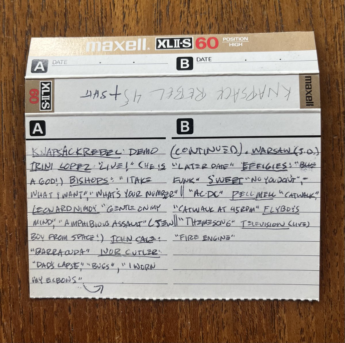 Two mix tapes that Steve Albini sent me in 1984 after I wrote about Big Black in my fanzine Hit the Trail. (I was 16 or 17.) Incredible: first time that I heard Ivor Cutler, Wipers, Scratch Acid, Friction, Slovenly, Cravats, etc., etc. What a sweetheart.