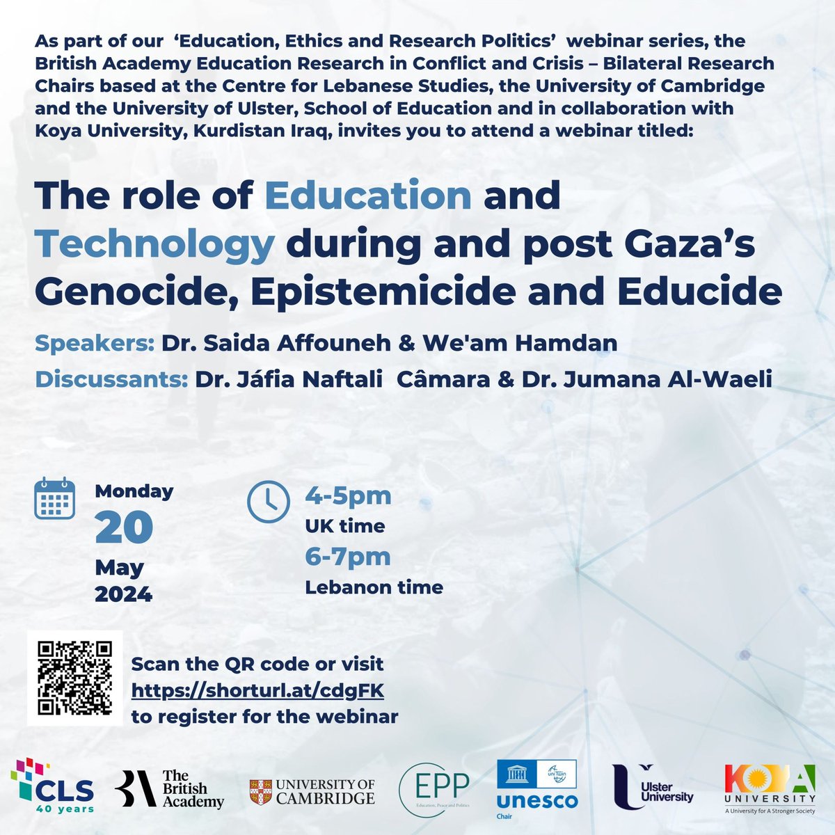 CLAREC invites you to the seminar “The role of Education and Technology during and post Gaza’s Genocide, Epistemicide and Educide” with Dr Saida Affouneh & We’am Hamdan • 20 May, 4 – 5 p.m. London. Info & Registration: lebanesestudies.com/events/the-rol…