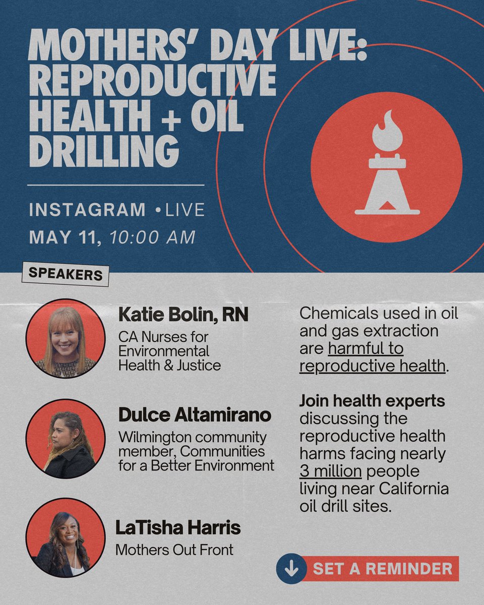 Please head over to our Instagram May 11 10:00am for a powerful Mothers’ Day Live conversation with health experts and community members about the harms of neighborhood oil drilling on reproductive health. You won’t want to miss this powerful dialogue! instagram.com/p/C6uXtoePfSD/…