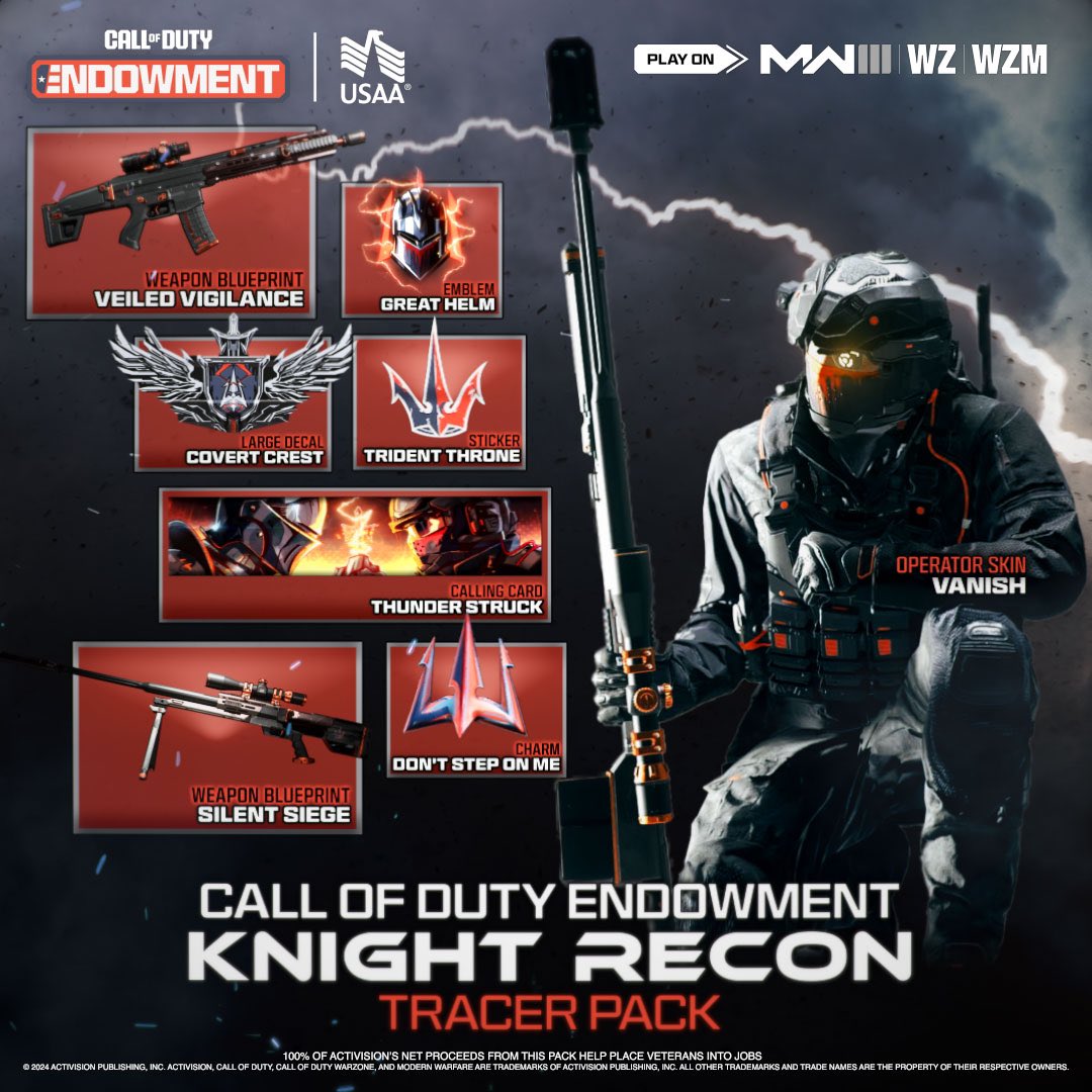 Cool. Military service members and Veterans get your free Call of Duty Endowment (C.O.D.E.) Knight Recon: Tracer Pack for Call of Duty: Modern Warfare III and Call of Duty: Warzone