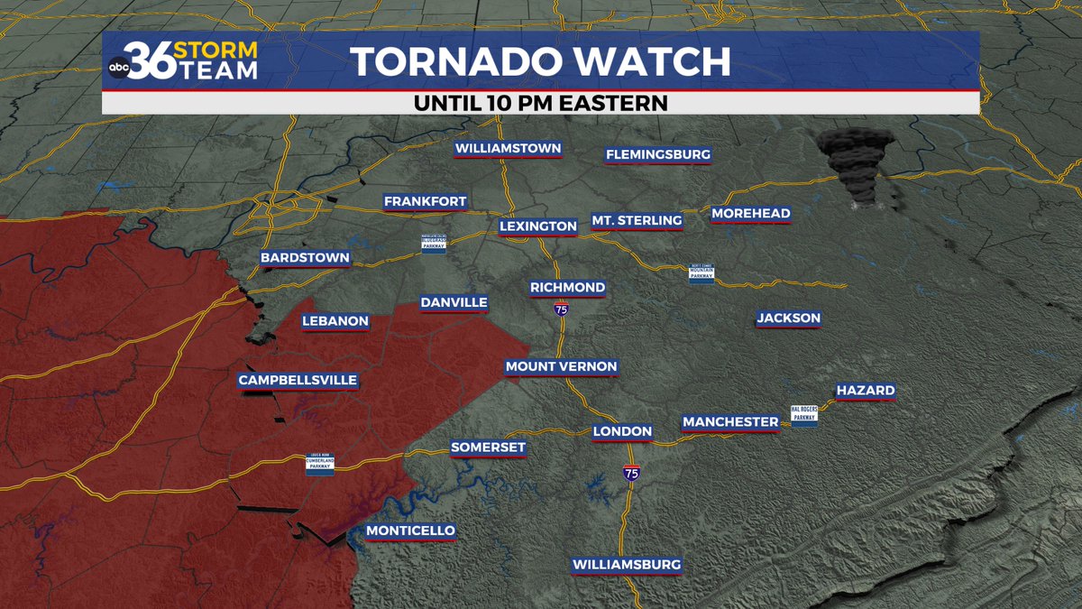Boyle, Casey, Lincoln, and Marion counties have been added to the Tornado WATCH until 10:00pm! #kywx