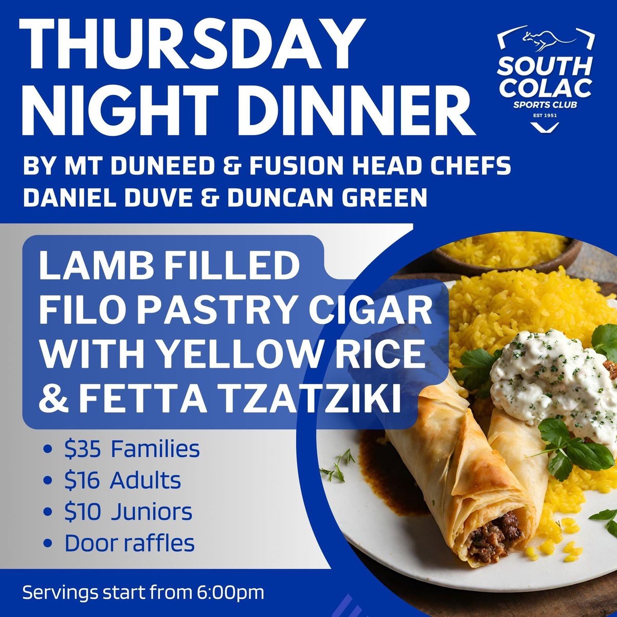 THURSDAY NIGHT DINNERS ARE BACK! 

$150 for The Members Handball & Meat pack raffle

🔵⚪️ #SouthColac