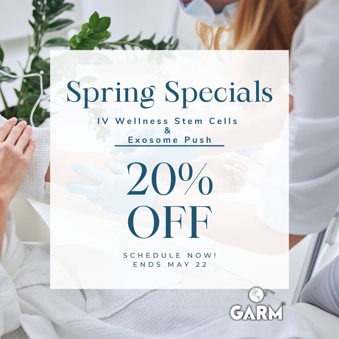 ClinicGarm's tweet image. 🌼 Spring into health with GARM Clinic! Save 20% on IV Wellness stem cells &amp;amp; exosome treatments, and 25% on Thermography until May 22nd. Refresh your wellness journey today! 🌿🌸 

#SpringWellness #HealthRevival