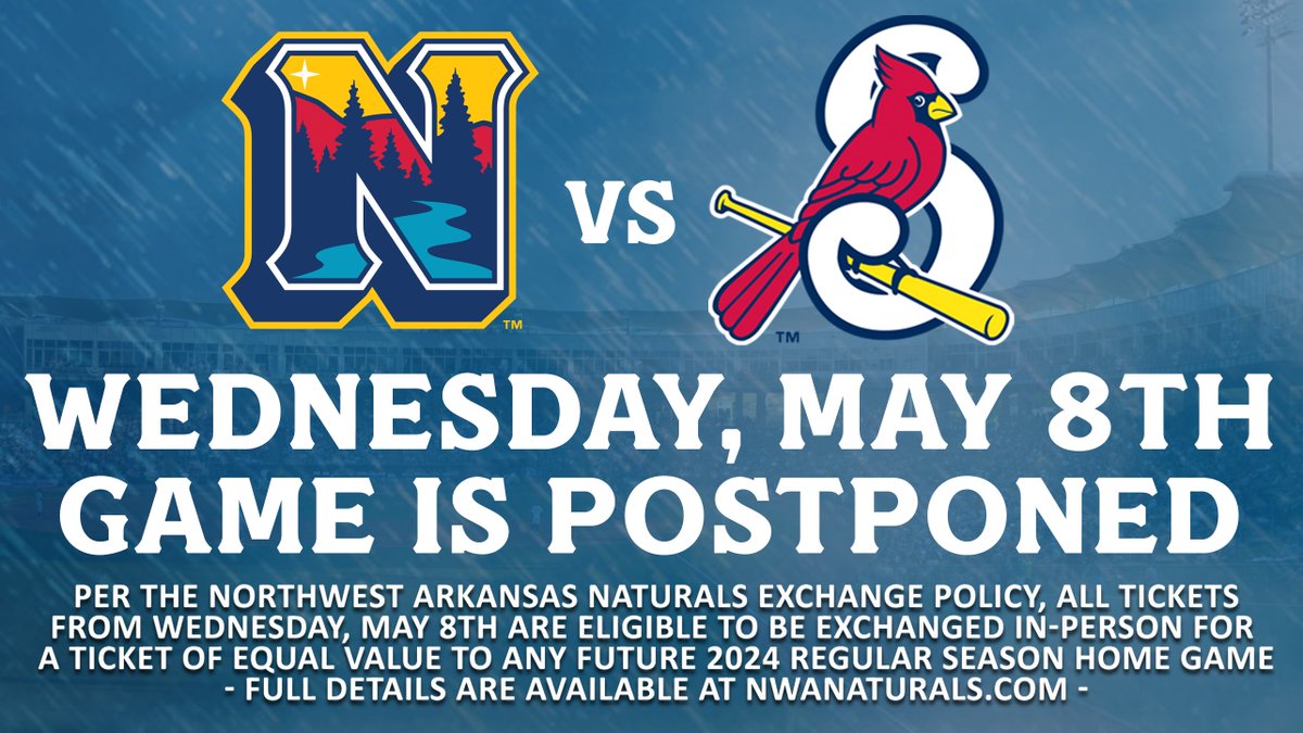 Tonight's game is postponed due to the threat of severe weather. The decision to postpone was made from safety concerns for fans, players, and employees. Tonight’s game has been rescheduled as part of a same admission doubleheader on May 9th. Details ▶️ milb.com/northwest-arka…