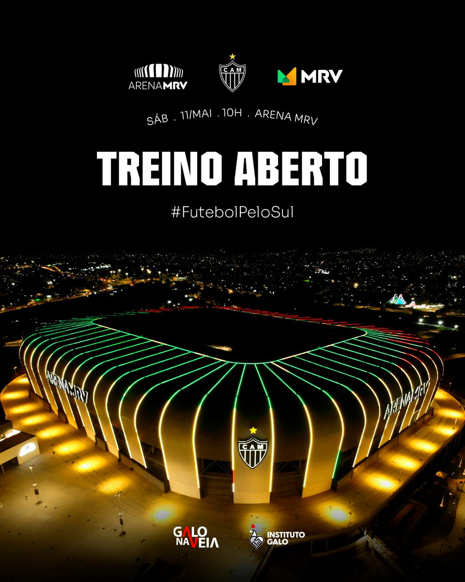 O primeiro treino aberto da <a href="/ArenaMRV/">Arena MRV</a> será uma ação conjunta do Galo e da <a href="/mrvoficial/">MRV</a> em prol do povo do Rio Grande do Sul! 💚❤️💛

🎟️🏟️ Com renda destinada às vítimas das enchentes no estado gaúcho, a torcida poderá acompanhar o trabalho do elenco profissional, neste sábado, às
