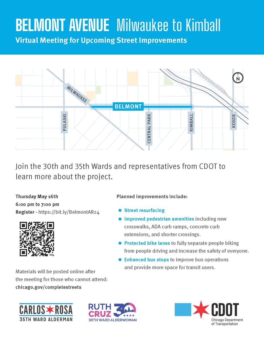 More improvements are coming to Belmont! Join us next week alongside @AlderwomanCruz & @35th_Ward for a virtual meeting about the upcoming project. 📅Thursday, May 16 🕖6:00 pm – 7:00 pm ✔️Register here: bit.ly/BelmontAR24