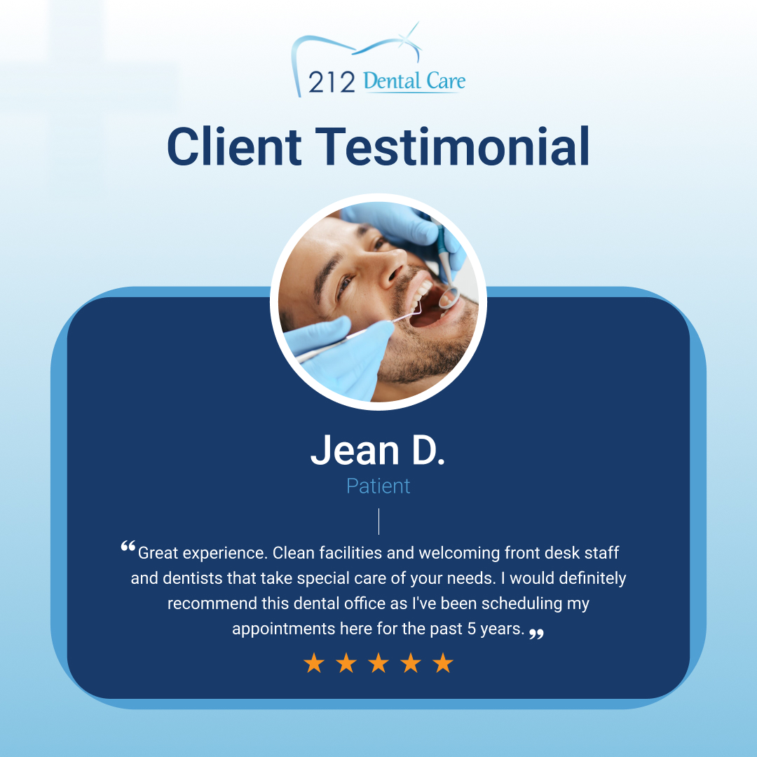 Discover why our clients rave about 212 Dental Care! Read all about their glowing reviews and testimonials at 212dentalcare.com. Your smile deserves the best dental care! 

#ClientReviews #HappyClients #DentalCare #212DentalCare 😊
