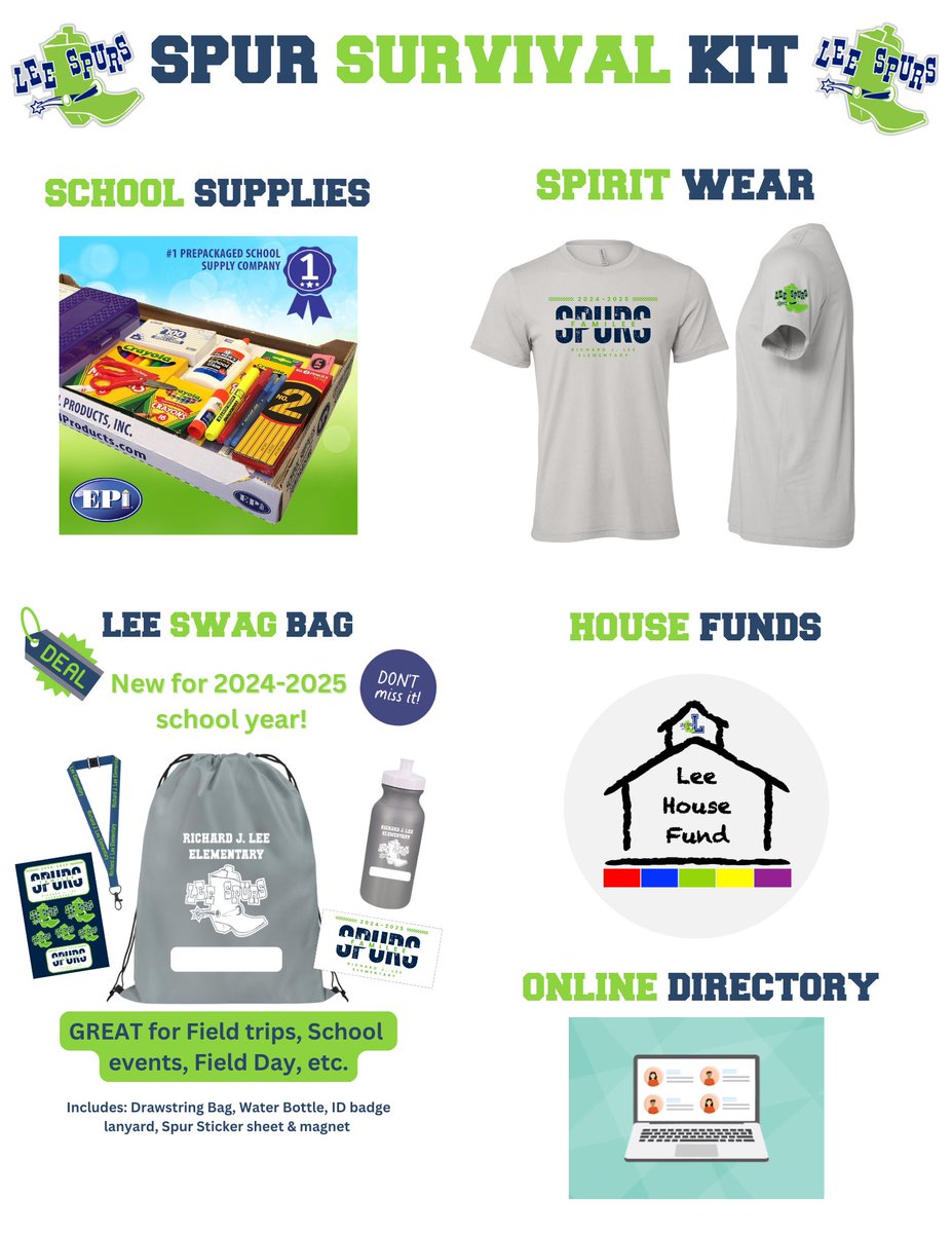 FamiLEEs - can you believe it’s time to start planning for next year already? We have everything you need for next year in our Spur Survival Kit! Grade level school supplies, Spirit Wear, House Fund contribution & more! Order by 5/21/24 - grab yours today! bit.ly/rjlsupplies