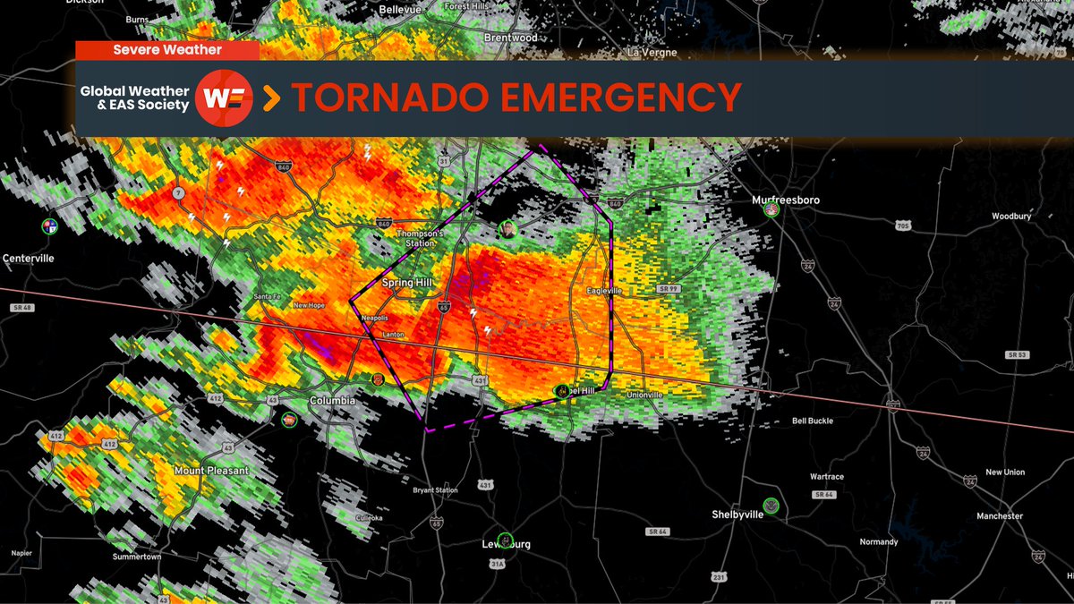 #TORNADO EMERGENCY for #MauryCounty, #WilliamsonCounty and #RutherfordCounty, #Tennessee. TAKE COVER NOW! A confirmed large and destructive tornado is on the ground. #tnwx #wxtwitter