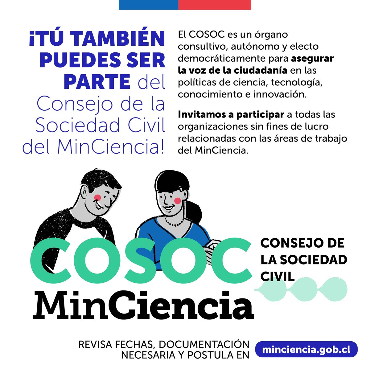 El COSOC estará compuesto por 1️⃣1️⃣ consejeras y consejeros representantes, electos democráticamente. Invitamos a participar a organizaciones sin fines de lucro y con personalidad jurídica vigente, que trabajen, investiguen o promuevan materias vinculadas a ciencia, tecnología,…