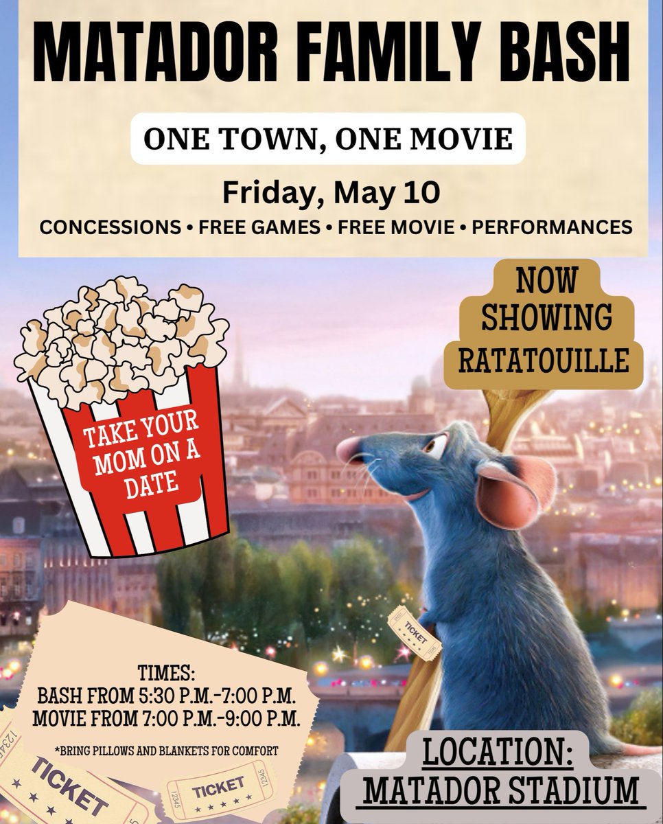 The Second Annual Matador Family Bash is on Friday, May 10, at Matador Stadium! Join us for a night of free games, student performances, concessions, karaoke and an outdoor screening of Ratatouille! Festivities start at 5:30 pm. #1Heart1Seguin