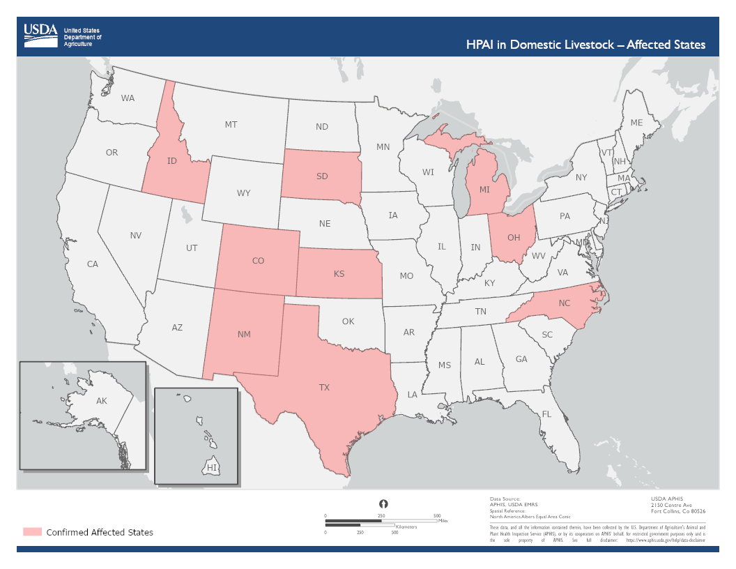 As of 9 May, high path. avian influenza H5N1 confirmed in dairy cows on 36 farms in the USA, up from 33 on 24 April: Texas (12), New Mexico (8), Michigan (6), Kansas (4), Idaho (2), Ohio (1), South Dakota (1), North Carolina (1), Colorado (1). #vogelgriep aphis.usda.gov/livestock-poul…