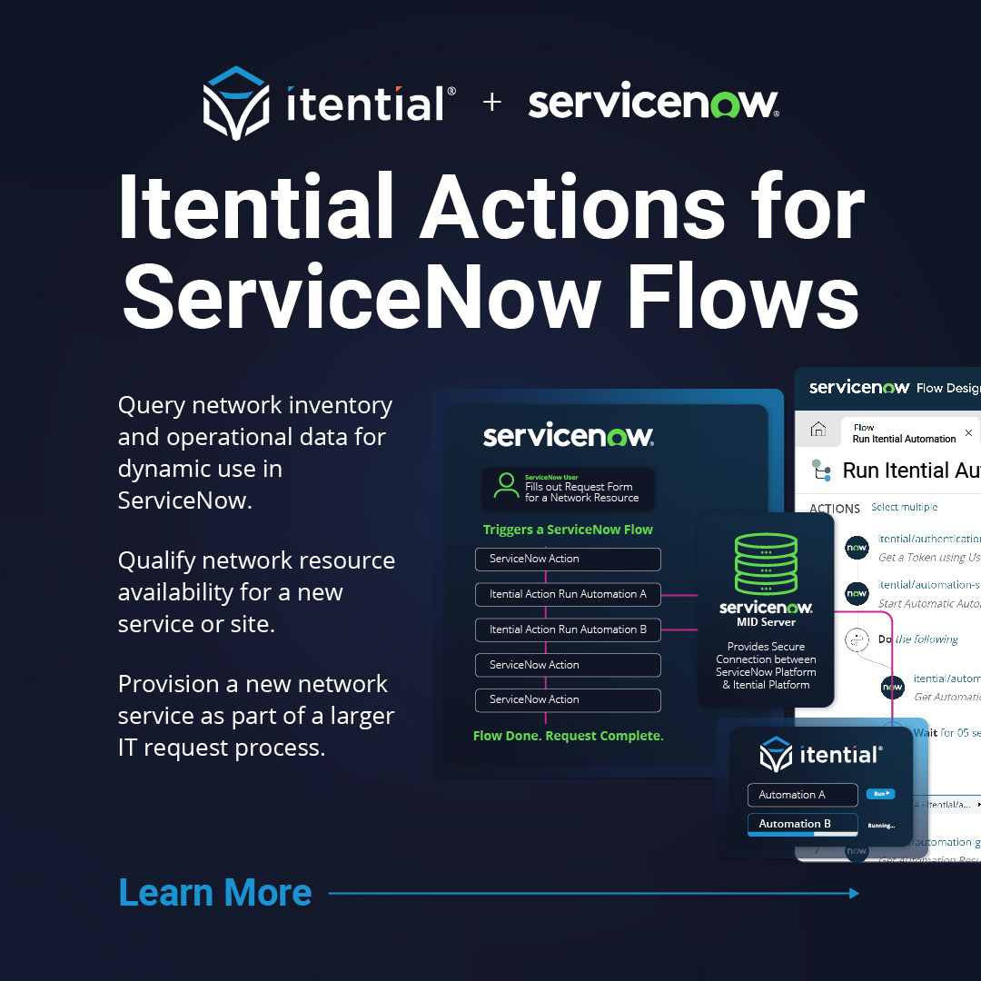 With Itential Actions, @ServiceNow Flow designers can embed network & infrastructure services directly into Flows. That means no gaps, no delays: network processes can be exposed for instant self-serve consumption. For more, stop by booth 4526 at #K24: bit.ly/3RYhxbL