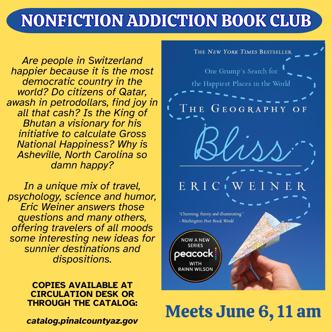 Novel Ideas Book Club continues its 2024 goal of reading classically banned books with George Orwell's dystopian titles 1984 & Animal Farm while Nonfiction Addiction Book Club travels the world in May in search of happiness in The Geography of Bliss. Pick up copies @ the desk!